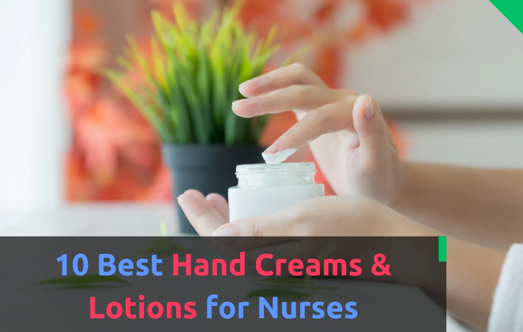 A nurse holding a hand cream and using it