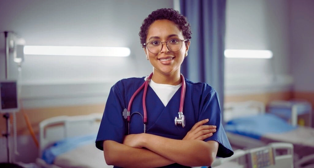 A skillful travel nurse standing with a smiling face