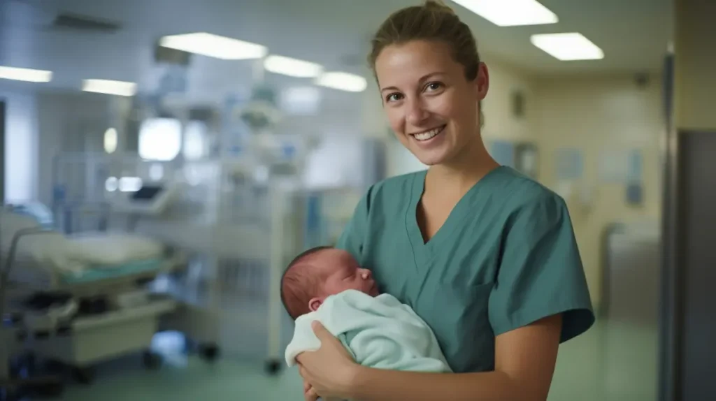 An NICU nurse holding and taking care of a baby with smiling face.